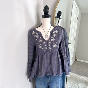 RD & KoKo Indigo Floral Boho Embroidered Long Flare Sleeve Blouse